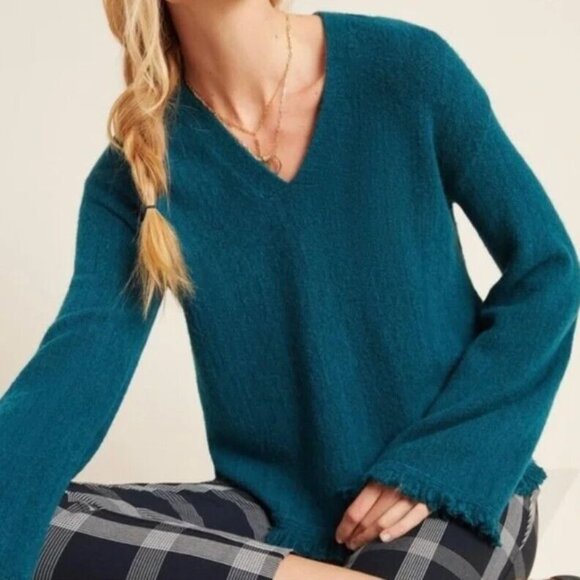 Anthropologie Wool Alpaca V-Neck Sweater Green Fringe Long Sleeve M - Picture 5 of 10